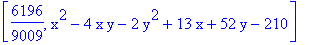 [6196/9009, x^2-4*x*y-2*y^2+13*x+52*y-210]